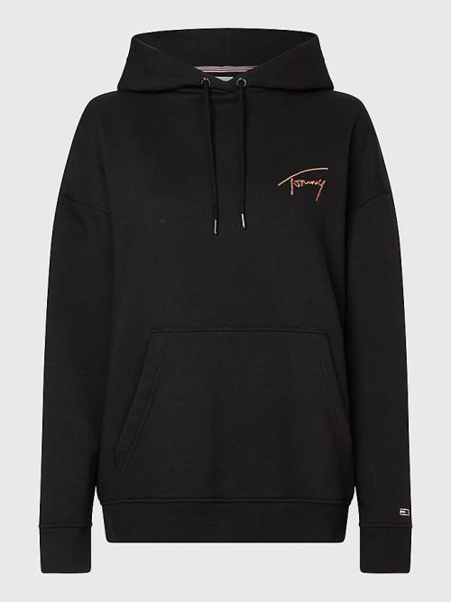 Black Tommy Hilfiger Signature Logo Oversized Women's Hoodie | TH895KSY