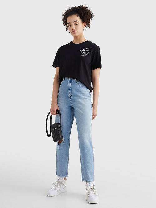 Black Tommy Hilfiger Signature Logo Relaxed Fit Women's T Shirts | TH754PNU