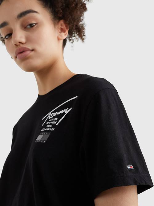 Black Tommy Hilfiger Signature Logo Relaxed Fit Women's T Shirts | TH754PNU