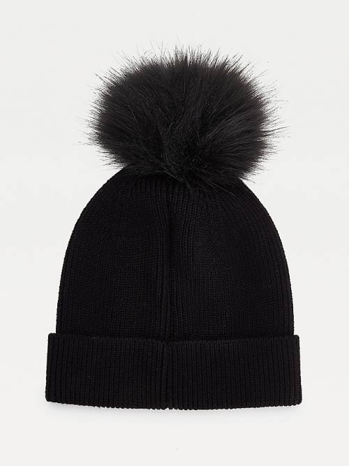 Black Tommy Hilfiger Signature Pom Pom Beanie Women's Hats | TH138WHN