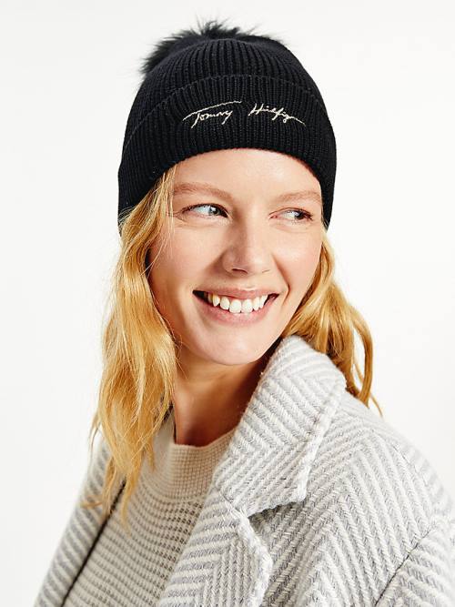 Black Tommy Hilfiger Signature Pom Pom Beanie Women's Hats | TH138WHN