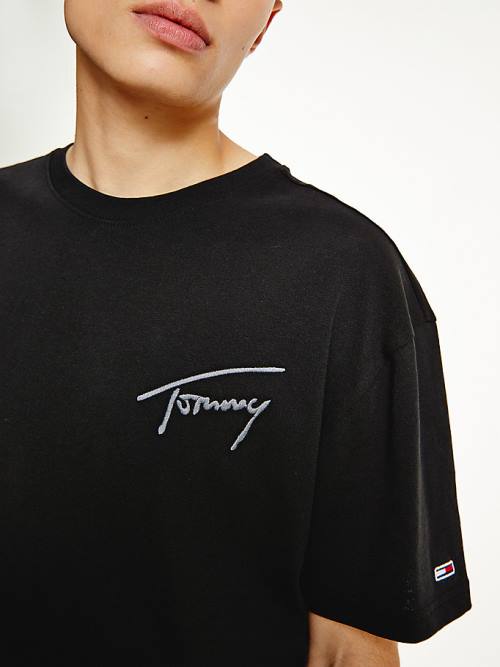 Black Tommy Hilfiger Signature Recycled Cotton Men's T Shirts | TH841PDK