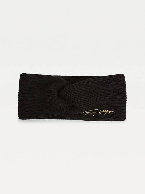 Black Tommy Hilfiger Signature Rib Knit Twist Headband Women\'s Hats | TH305OXL