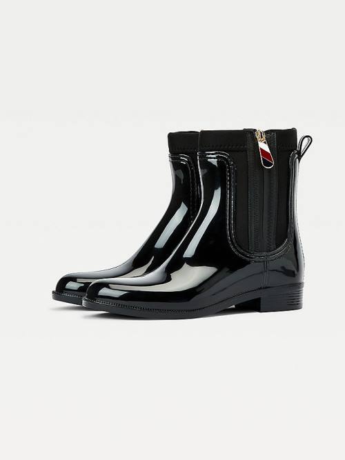 Black Tommy Hilfiger Signature Zip Ankle Rainboots Women's Boots | TH540JKQ