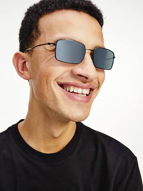 Black Tommy Hilfiger Slim Rectangular Men's Sunglasses | TH213RQW