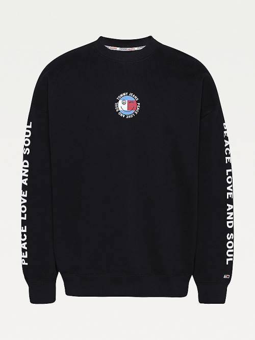 Black Tommy Hilfiger Smiley Peace Logo Men's Sweatshirts | TH658VMY