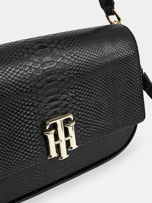 Black Tommy Hilfiger Snake Print Monogram Lock Satchel Women's Bags | TH468EFP