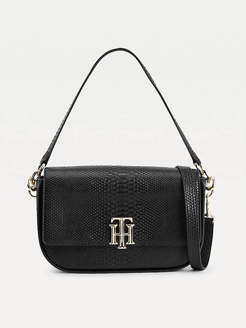 Black Tommy Hilfiger Snake Print Monogram Lock Satchel Women\'s Bags | TH468EFP