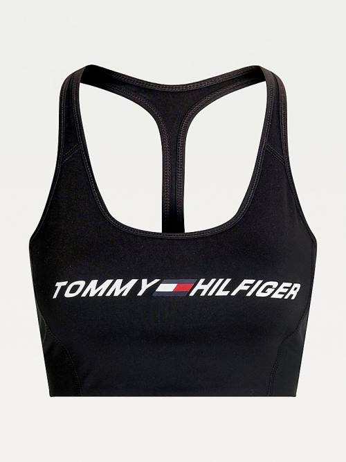 Black Tommy Hilfiger Sport Medium Support Logo Bra Women's Underwear | TH172HLS