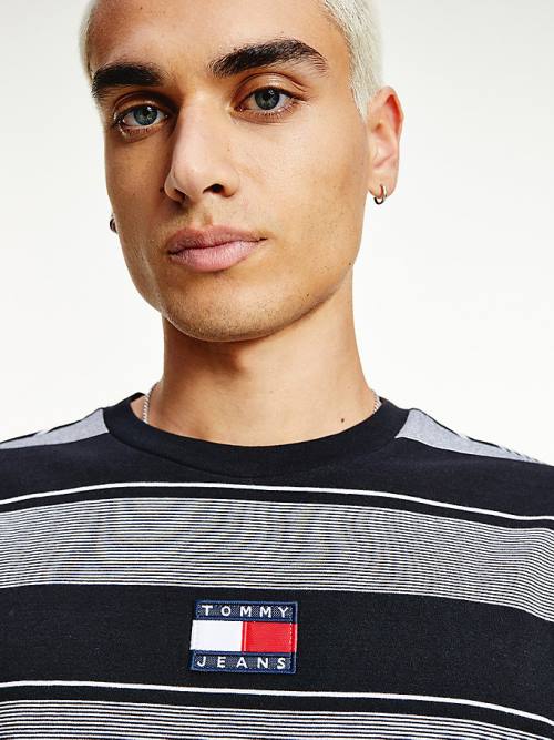 Black Tommy Hilfiger Stripe Badge Relaxed Fit Men's T Shirts | TH692OUH