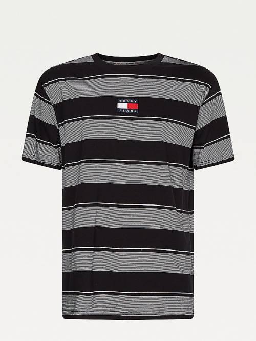 Black Tommy Hilfiger Stripe Badge Relaxed Fit Men's T Shirts | TH692OUH