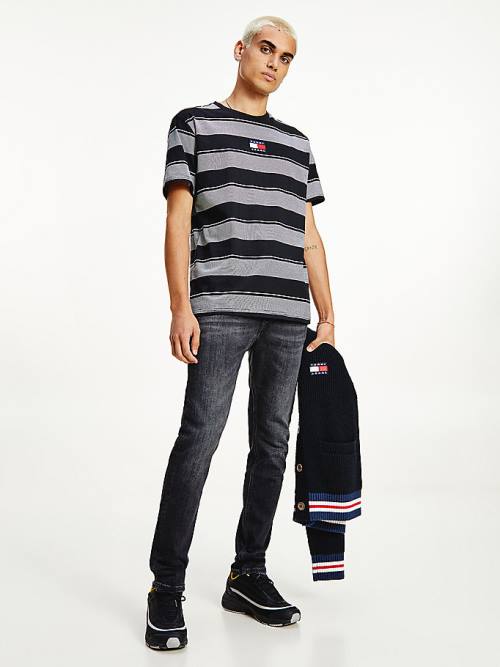 Black Tommy Hilfiger Stripe Badge Relaxed Fit Men\'s T Shirts | TH692OUH