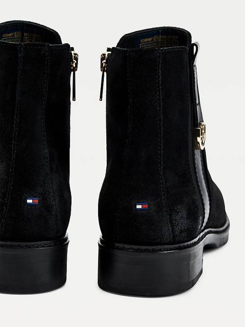 Black Tommy Hilfiger Suede Monogram Ankle Women's Boots | TH946CBW