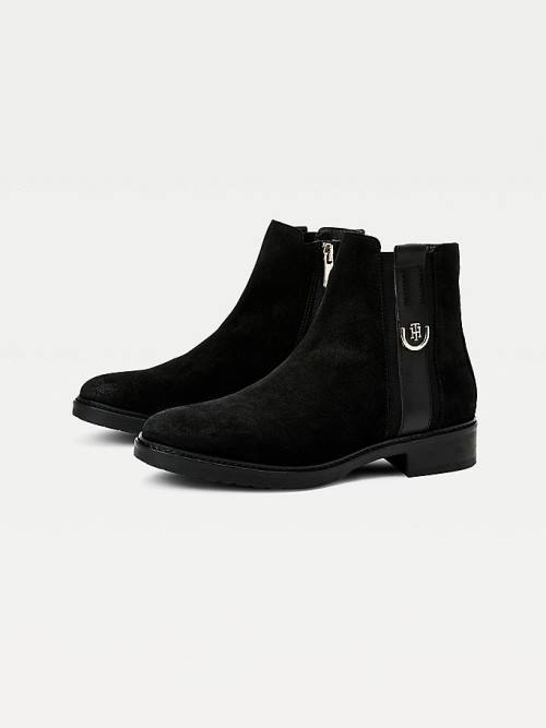 Black Tommy Hilfiger Suede Monogram Ankle Women's Boots | TH946CBW