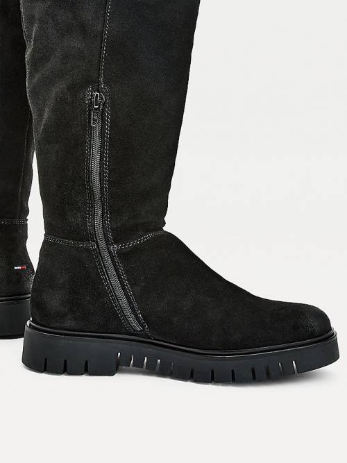 Black Tommy Hilfiger Suede Warm Lined Cleat Knee Women's Boots | TH165SZF