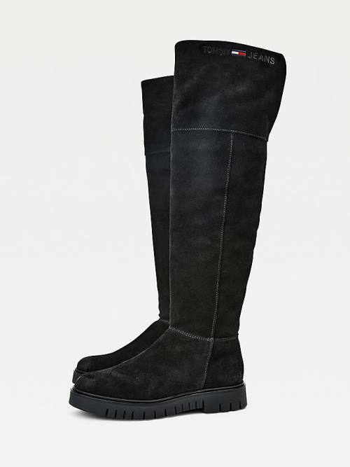 Black Tommy Hilfiger Suede Warm Lined Cleat Knee Women's Boots | TH165SZF