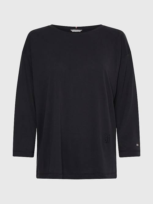 Black Tommy Hilfiger Sueded Relaxed Boat Neck Women's T Shirts | TH540JBY