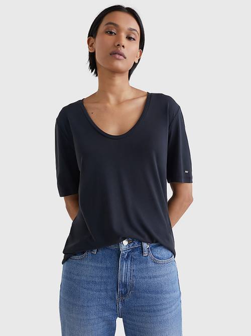 Black Tommy Hilfiger Sueded Scoop Neck Relaxed Women\'s T Shirts | TH683LOC