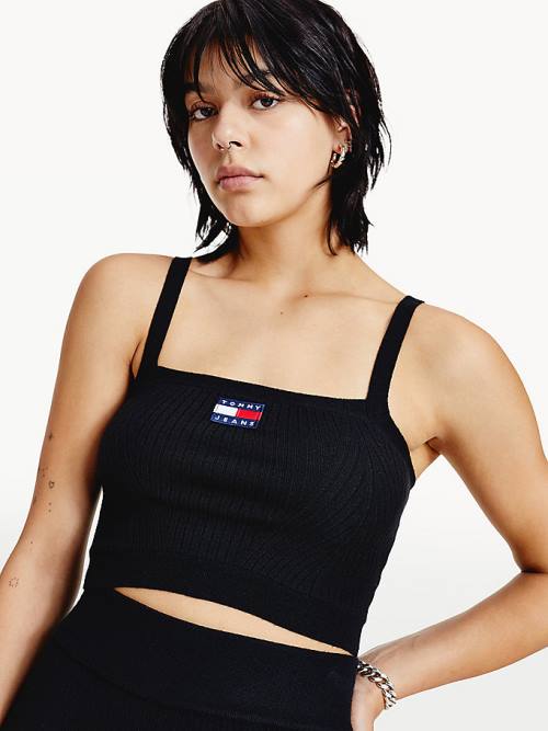 Black Tommy Hilfiger Super Cropped Badge Ribbed Cami Women's Sweaters | TH981MXZ