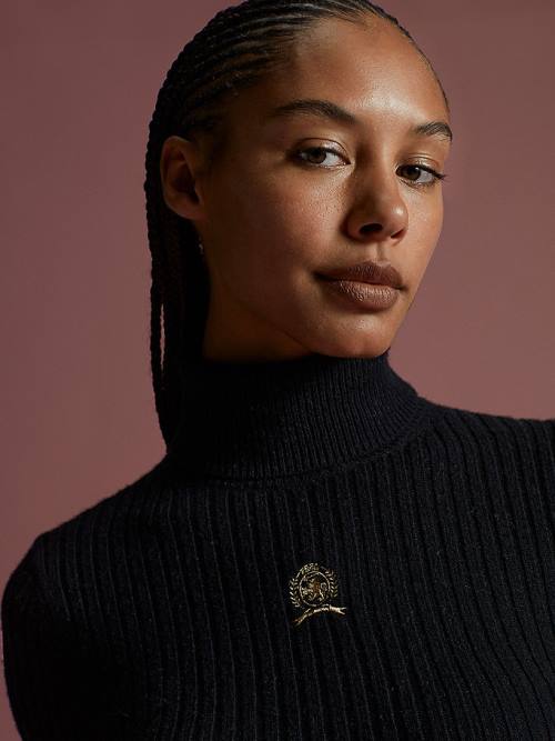 Black Tommy Hilfiger TH Collection Crest Mock Turtleneck Slim Jumper Women's Sweaters | TH170DLC