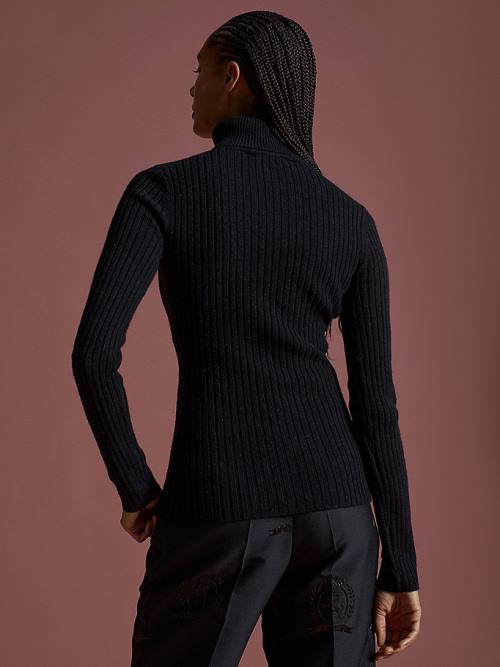 Black Tommy Hilfiger TH Collection Crest Mock Turtleneck Slim Jumper Women's Sweaters | TH170DLC