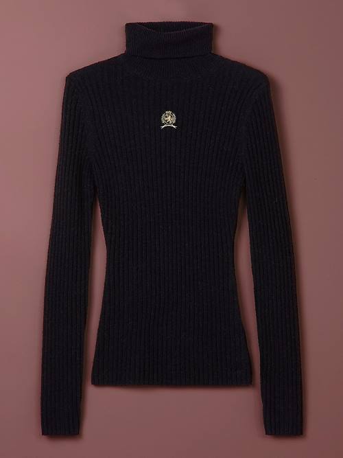 Black Tommy Hilfiger TH Collection Crest Mock Turtleneck Slim Jumper Women's Sweaters | TH170DLC