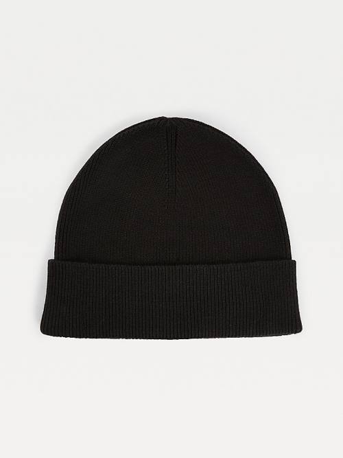 Black Tommy Hilfiger TH Established Knitted Cotton Beanie Men's Hats | TH183CHZ