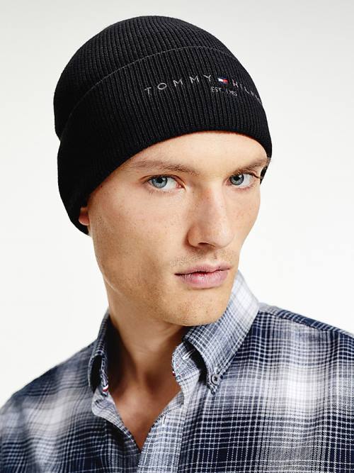 Black Tommy Hilfiger TH Established Knitted Cotton Beanie Men's Hats | TH183CHZ