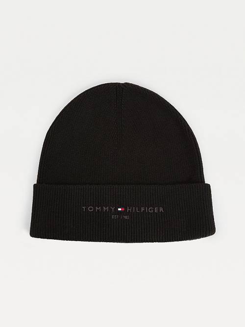 Black Tommy Hilfiger TH Established Knitted Cotton Beanie Men\'s Hats | TH183CHZ