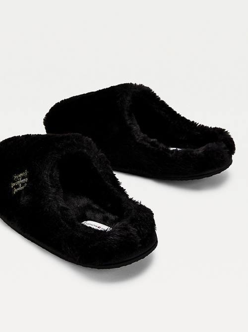 Black Tommy Hilfiger TH Monogram Faux Fur Women's Slippers | TH395LYH