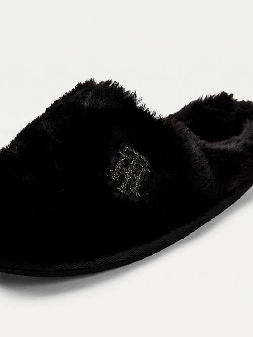 Black Tommy Hilfiger TH Monogram Faux Fur Women's Slippers | TH395LYH