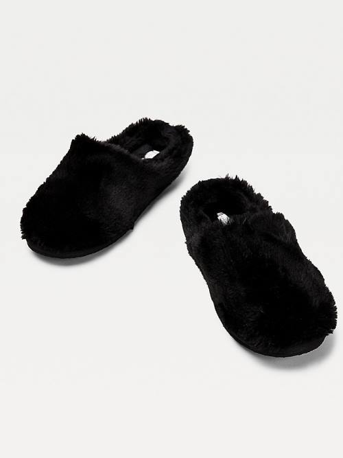 Black Tommy Hilfiger TH Monogram Faux Fur Women's Slippers | TH395LYH