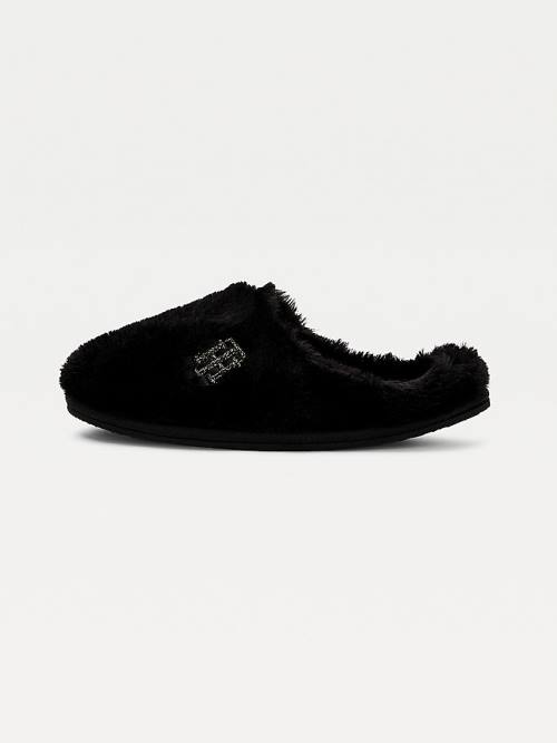 Black Tommy Hilfiger TH Monogram Faux Fur Women's Slippers | TH395LYH