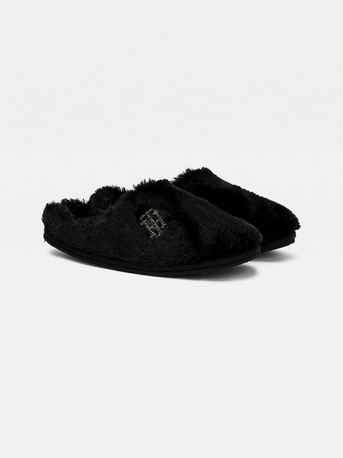 Black Tommy Hilfiger TH Monogram Faux Fur Women\'s Slippers | TH395LYH