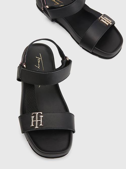 Black Tommy Hilfiger TH Monogram Strap Women's Sandals | TH328ROF