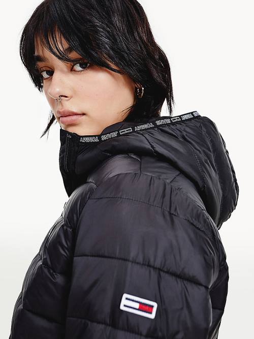 Black Tommy Hilfiger Tape Detail Quilted Hooded Women's Jackets | TH358TEZ