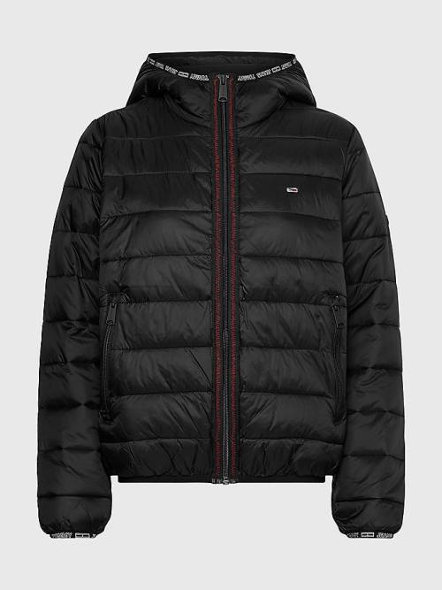 Black Tommy Hilfiger Tape Detail Quilted Hooded Women's Jackets | TH358TEZ