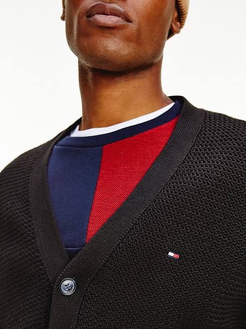 Black Tommy Hilfiger Textured Relaxed Fit Cardigan Men's Sweaters | TH359XEQ