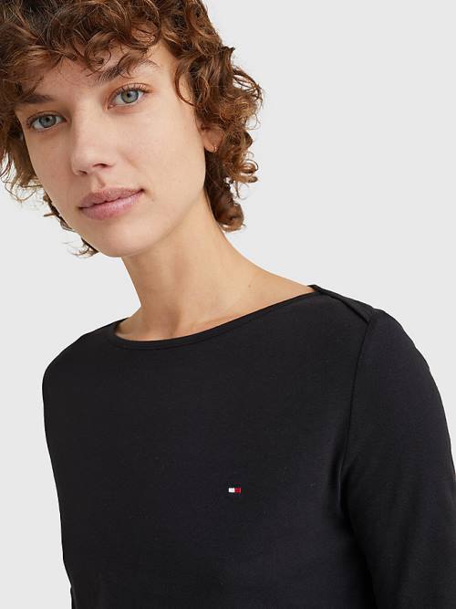 Black Tommy Hilfiger Three-Quarter Sleeve Slim Fit Women's T Shirts | TH584IXZ