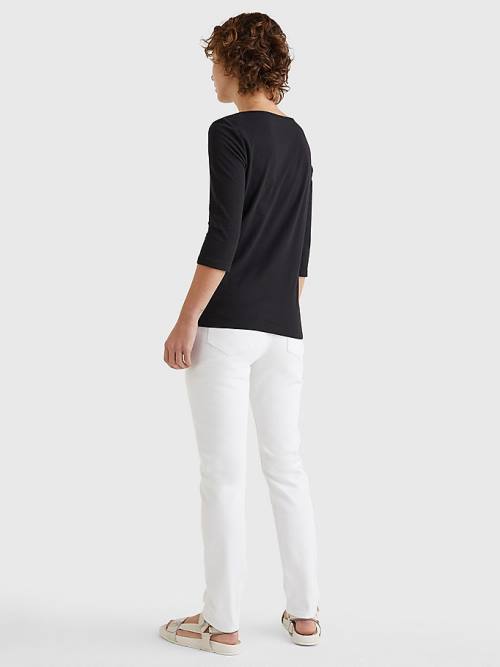 Black Tommy Hilfiger Three-Quarter Sleeve Slim Fit Women's T Shirts | TH584IXZ