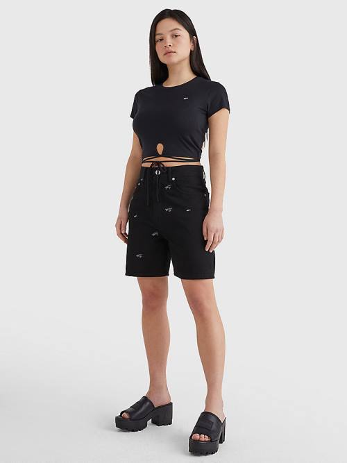 Black Tommy Hilfiger Tie Detail Cropped Women's T Shirts | TH084BEI