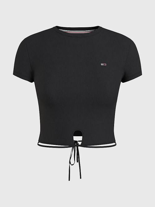 Black Tommy Hilfiger Tie Detail Cropped Women's T Shirts | TH084BEI