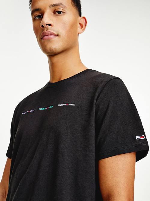 Black Tommy Hilfiger Tiny Linear Logo Men's T Shirts | TH295BRA