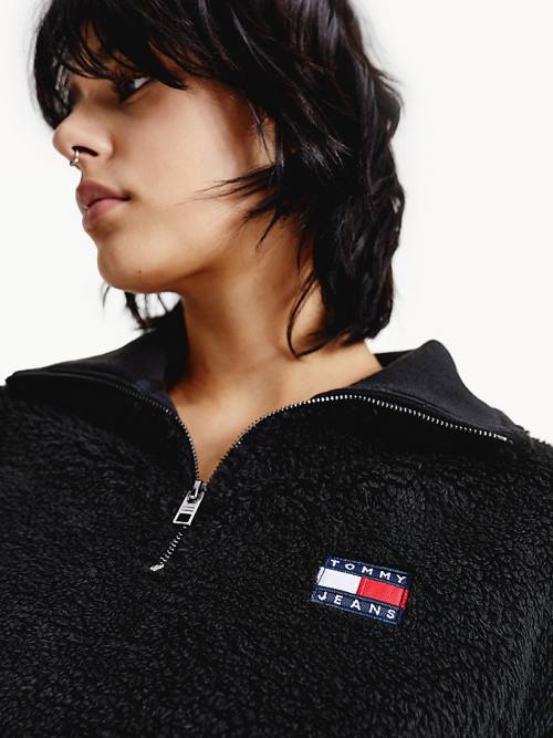 Black Tommy Hilfiger Tommy Badge Boxy Plush Fleece Sweatshirt Women's Hoodie | TH293OIC