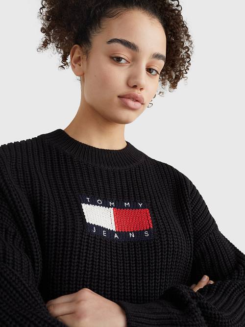 Black Tommy Hilfiger Tommy Badge Chunky Knit Jumper Women's Sweaters | TH539UCT