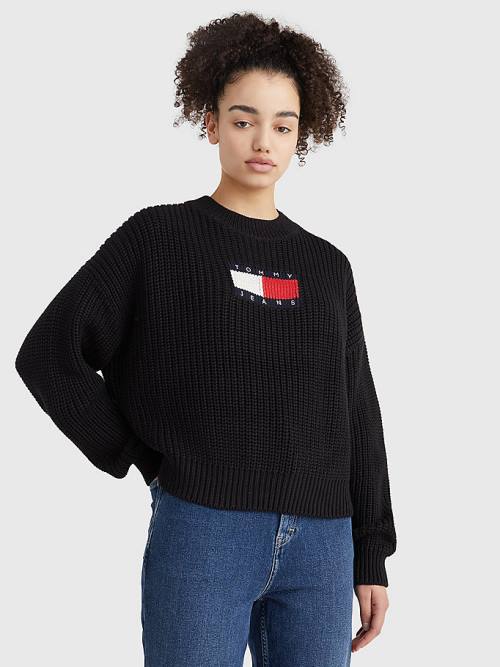 Black Tommy Hilfiger Tommy Badge Chunky Knit Jumper Women\'s Sweaters | TH539UCT