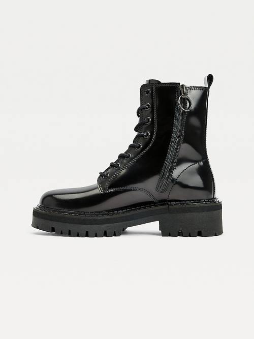 Black Tommy Hilfiger Tommy Badge Cleat Leather Women's Boots | TH397EZD