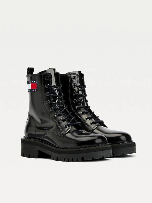 Black Tommy Hilfiger Tommy Badge Cleat Leather Women\'s Boots | TH397EZD