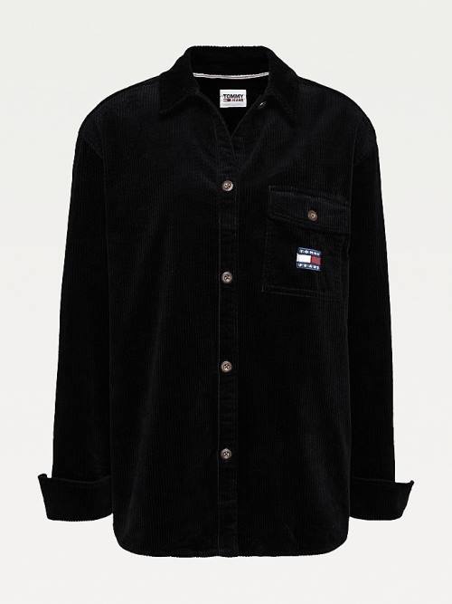 Black Tommy Hilfiger Tommy Badge Corduroy Oversized Fit Overshirt Women's Shirts | TH298HRU