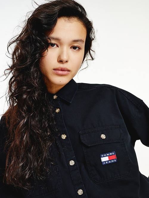 Black Tommy Hilfiger Tommy Badge Cropped Utility Women's Shirts | TH184KBW